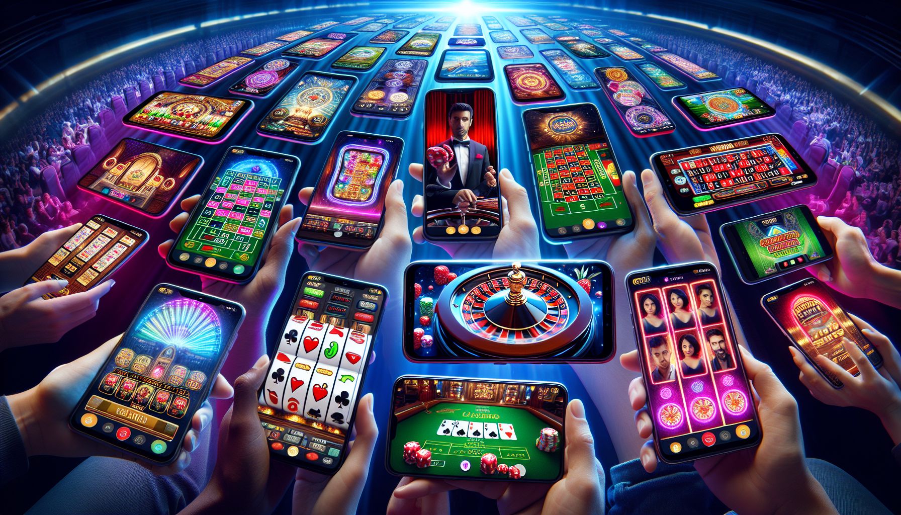 Collection of popular casino games on mobile screen including slots and live dealer