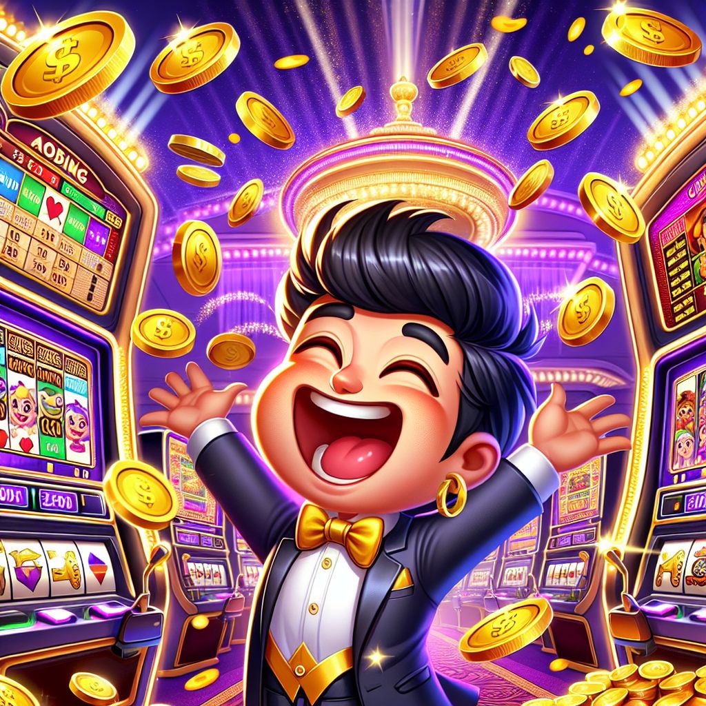 618jili casino characters celebrating with gold coins and slot machines